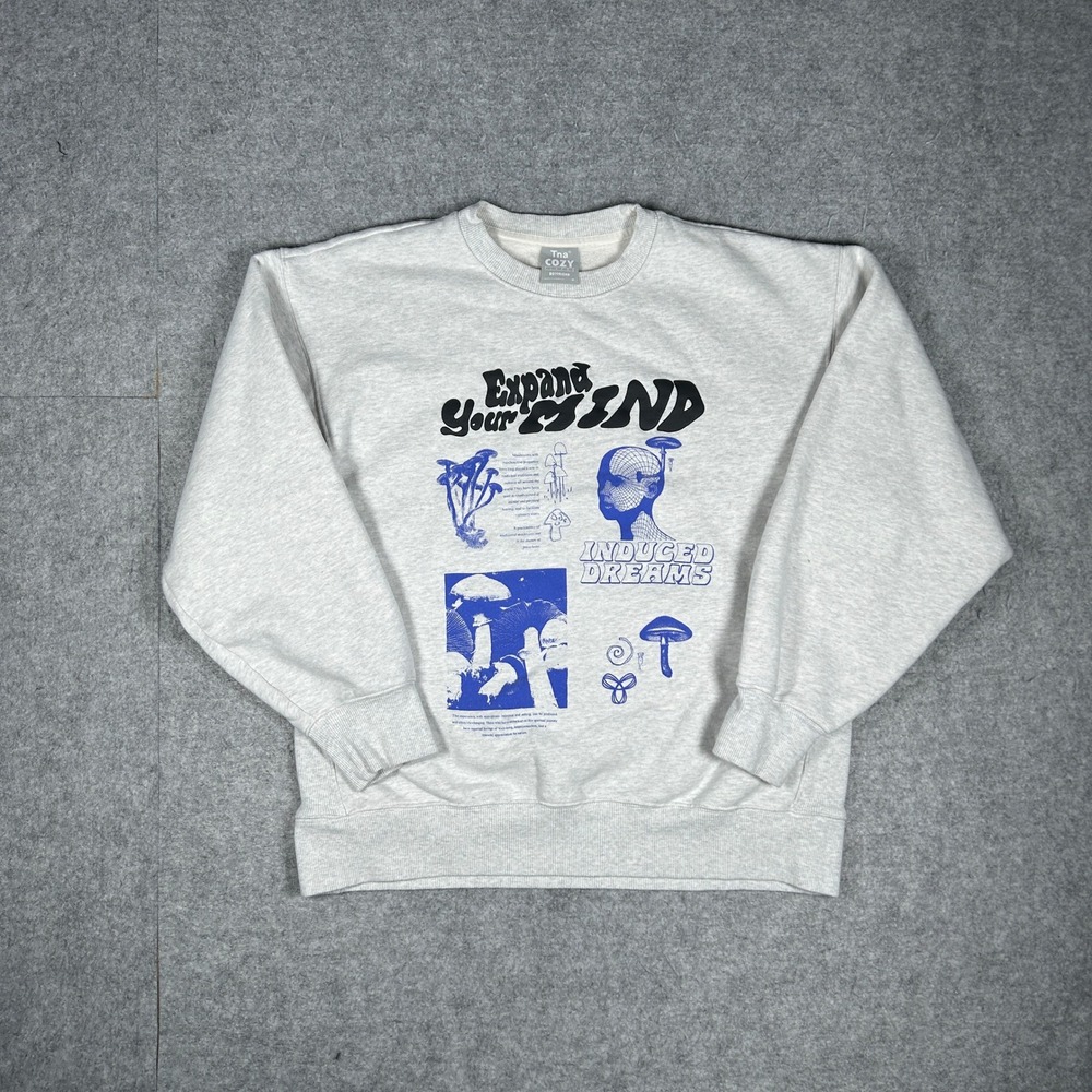 TNA Sweatshirt Women M Grey Expand Your Mind Mushroom Graphic Streetwear